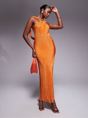 ASOS Orange Twisted-Halter Pleated Maxi Dress